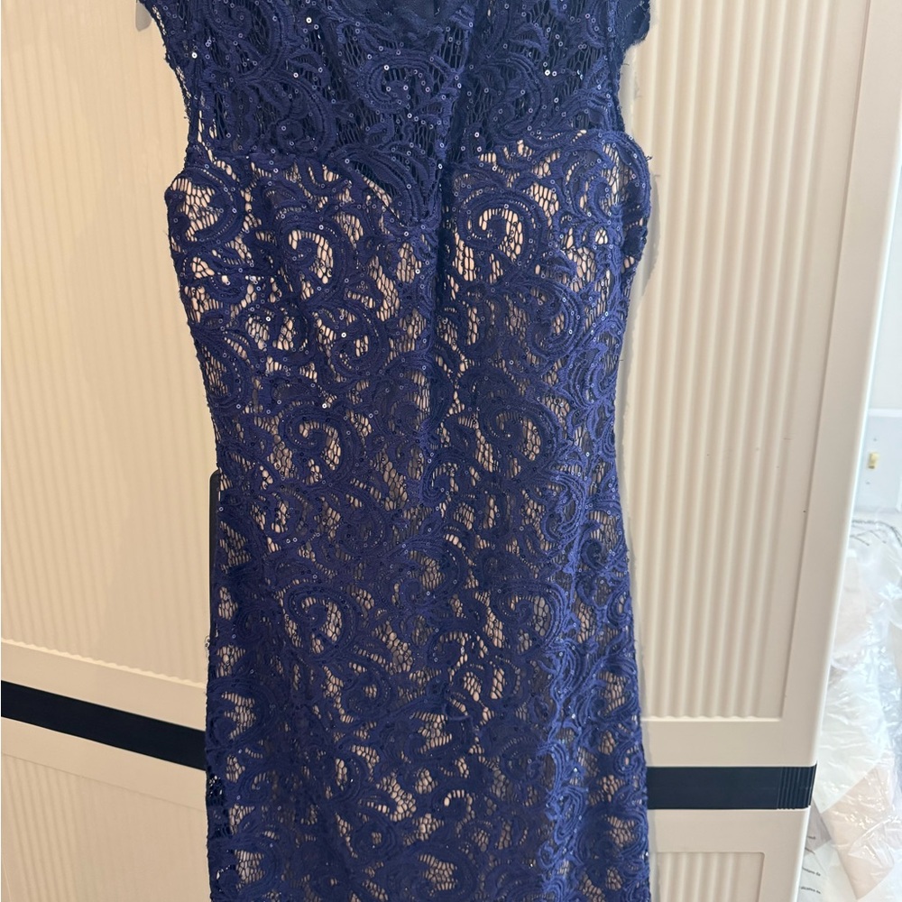 Sequin Hearts Blue Tan Sheath Midi Dress Sleeveless Crew Neck